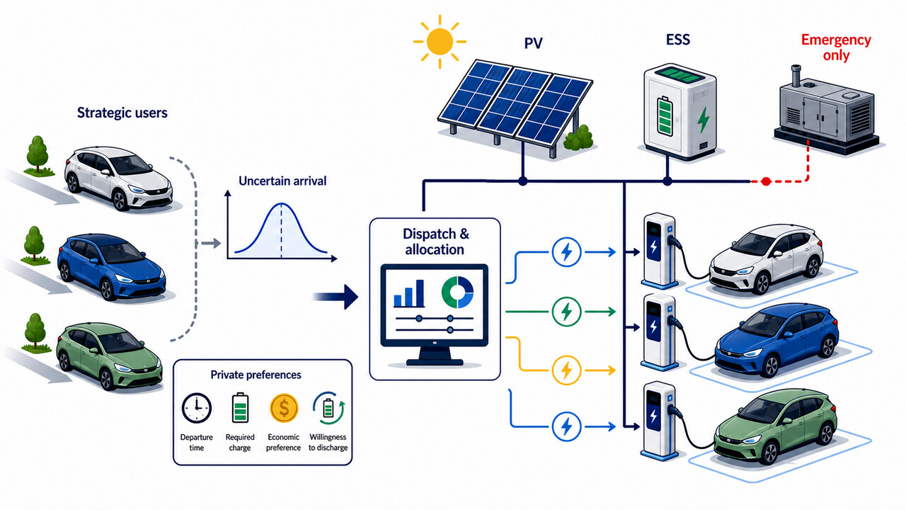 Overview of a grid-independent charging station: strategic users with uncertain arrivals and private preferences feed into a dispatch-and-allocation controller, drawing on on-site solar (PV), battery storage (ESS) and emergency backup generation.